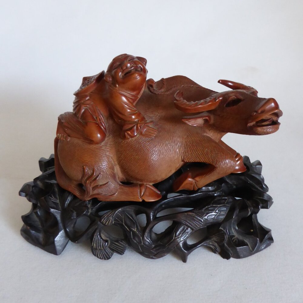 VINTAGE CHINESE HAND CARVED WOOD WATER BUFFALO OX WITH RIDER ON BASE